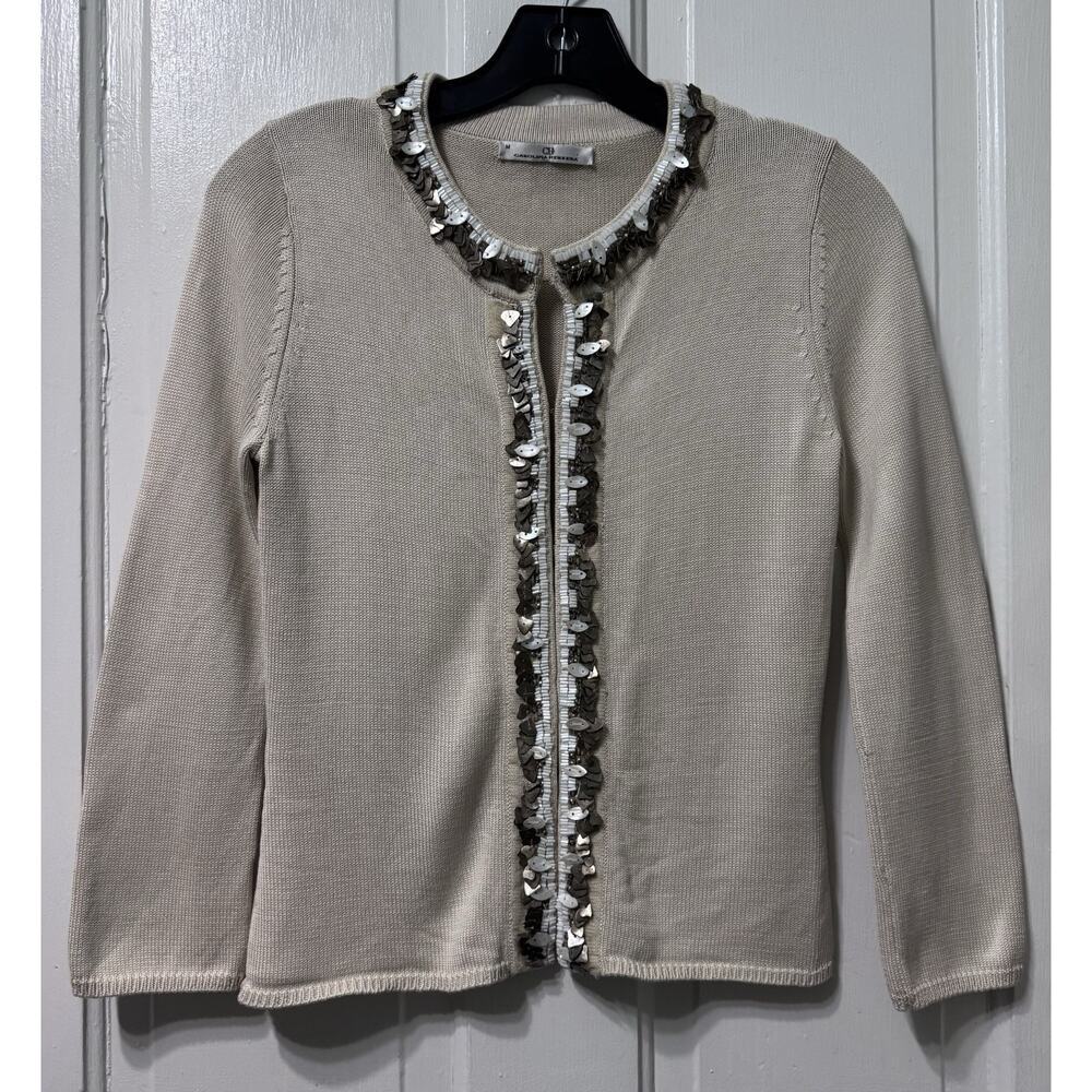 Carolina Herrera Seashell Beaded Trim Ivory Beige Cardigan Sweater Size M